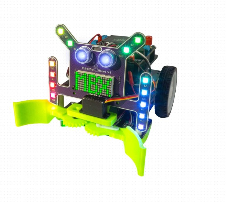 MBX RabbitGo robot with ultrasonic sensors, LED array, and gripper, built by MBX Robotics